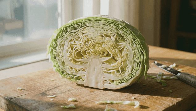 나무 도마 위에 신선한 양배추