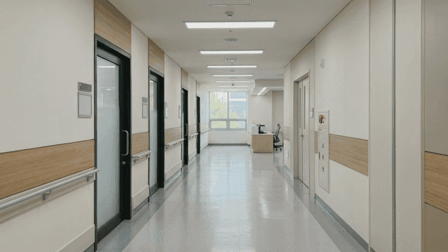 Quiet hospital hallway with bright lighting