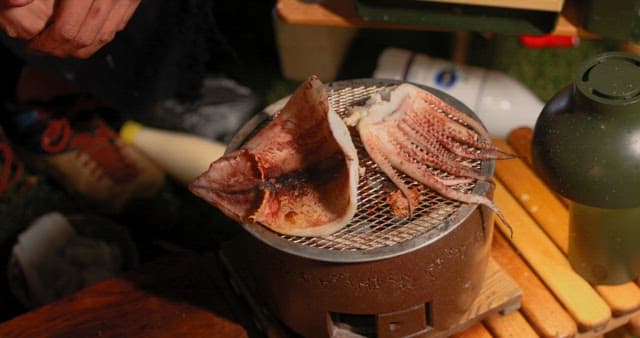 Grilling Squid on a Portable Stove Outdoors