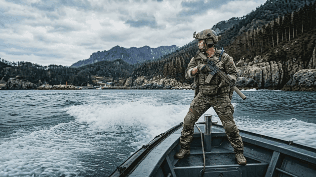 Soldier on boat sailing through waves.