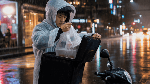 비 오는 밤에 우비를 입은 배달원