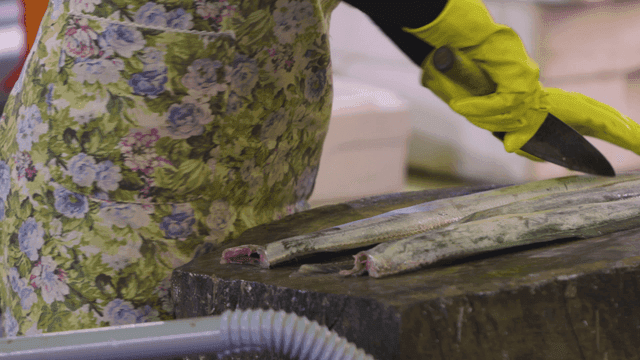 Person preparing fish with a knife