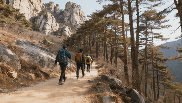 가을 산을 타는 등산 동호회 회원들
