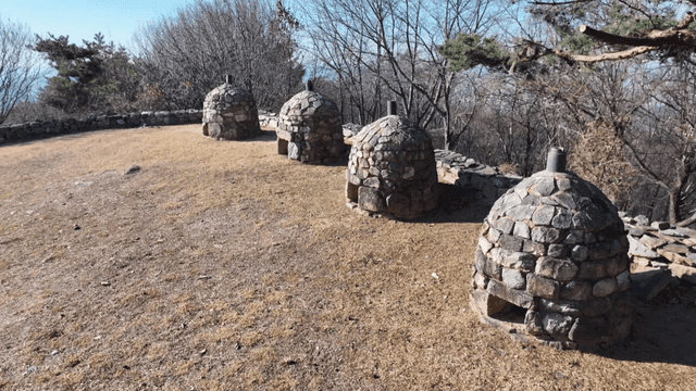 Stone structures in a forest clearing