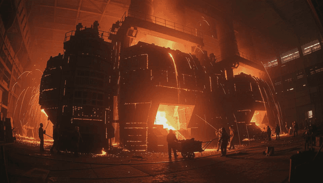 Scene of molten metal pouring out of steel mill