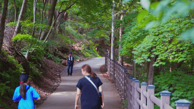 숲길을 오르는 엄마와 아이들