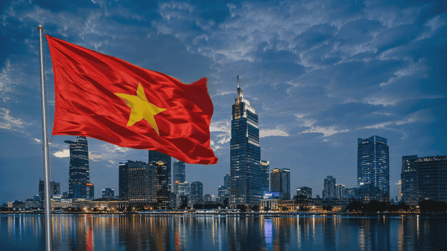 Vietnamese flag and city night skyline