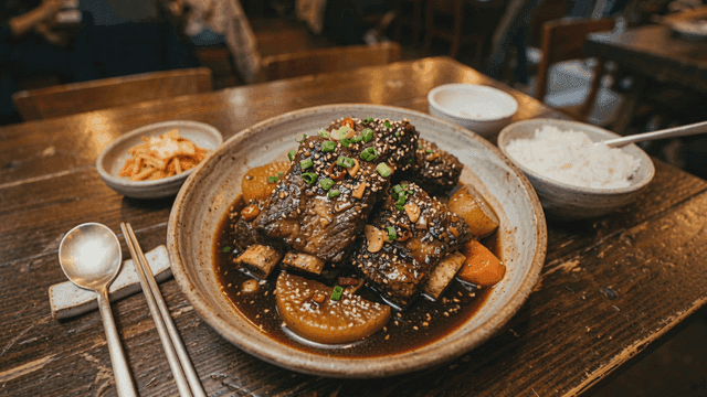Korean braised short ribs in a cozy restaurant