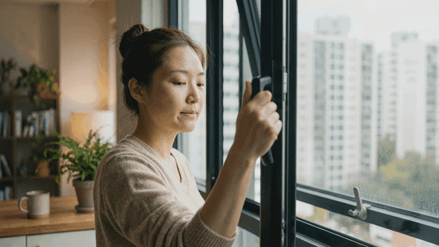 Woman opening window in cozy room.