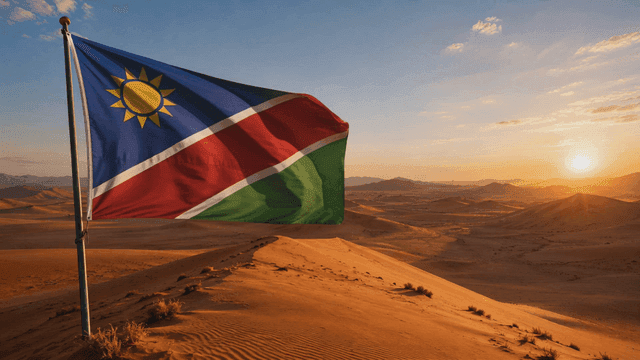 Namibian flag fluttering in desert at sunset