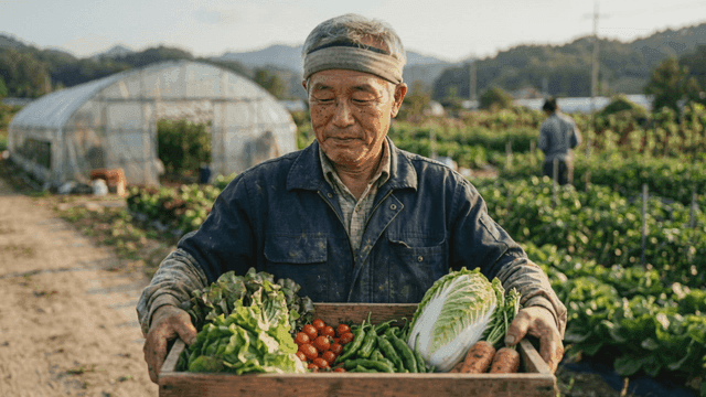 Farmer holding box of fresh vegetables
