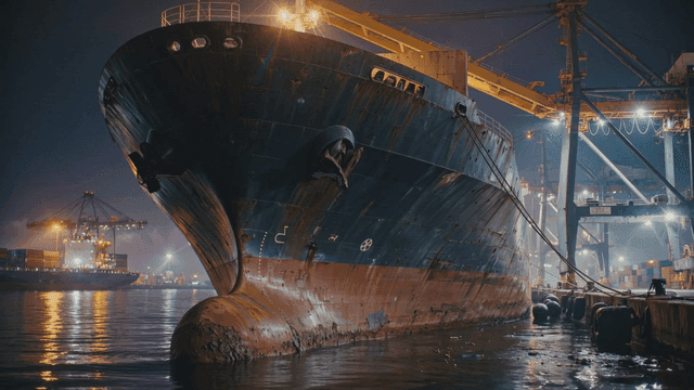 Large cargo ship docked at night