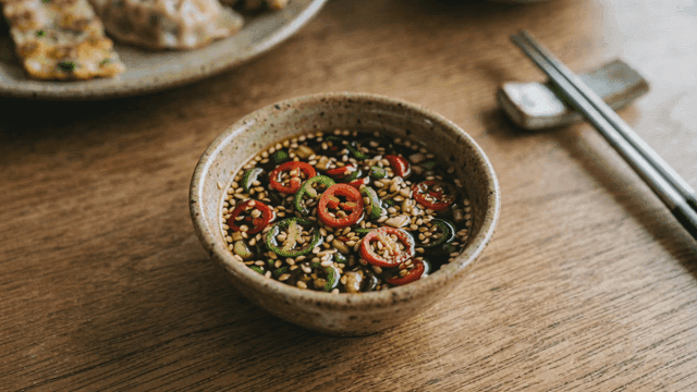 Soy sauce with sliced chili peppers