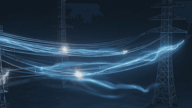 Electricity flowing through power lines at night