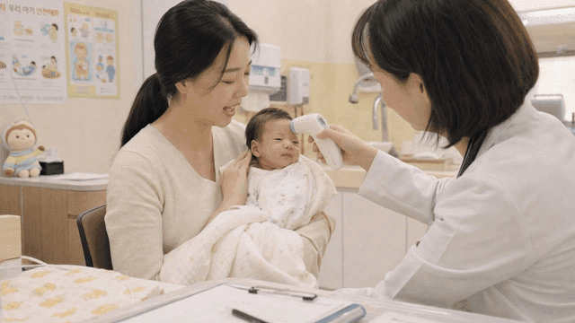 Doctor checks a baby's temperature