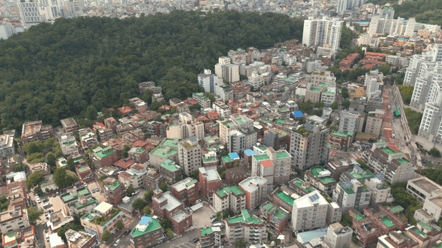 Aerial view of a city with surrounding forest