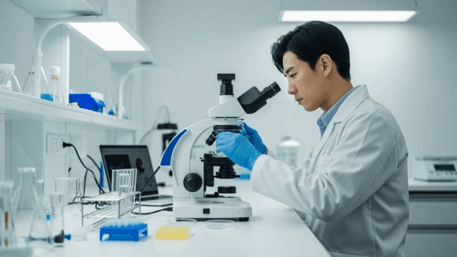 현미경으로 샘플을 검사하는 과학자