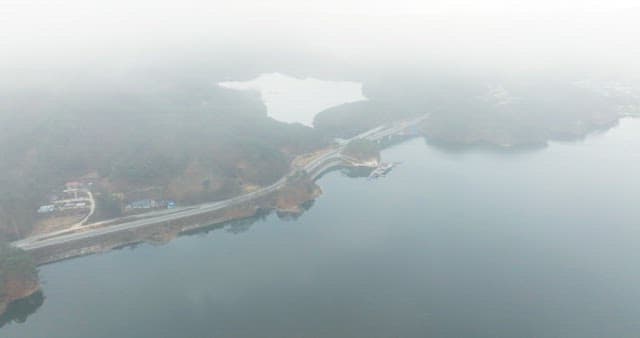안개 낀 호숫가 도로와 숲이 우거진 언덕