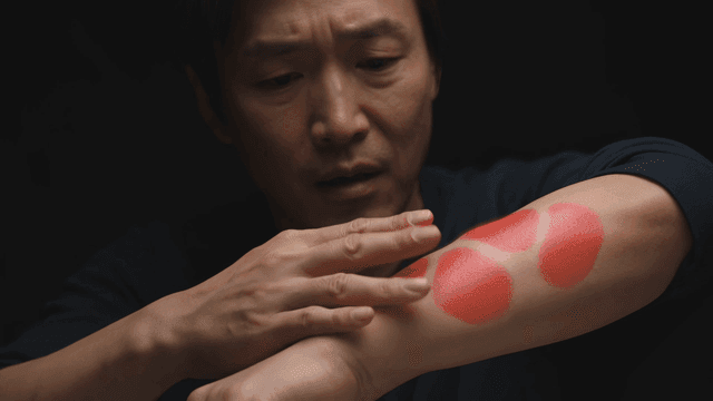 Man experiencing pain from hives on his arm