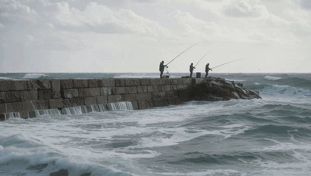 People fishing on a rocky pier with waves