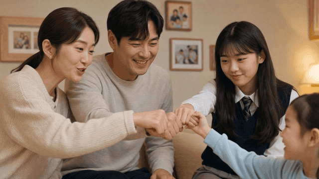Moment family brings their fists together