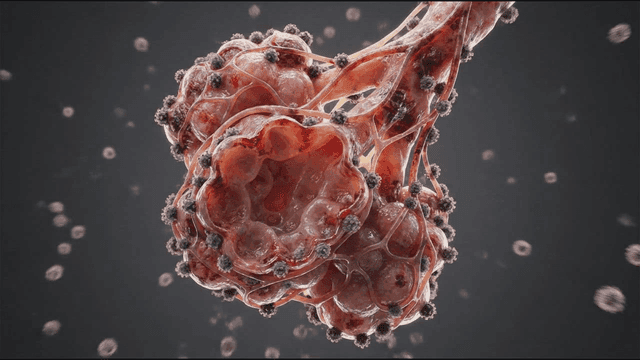 Detailed view of alveoli contaminated by virus