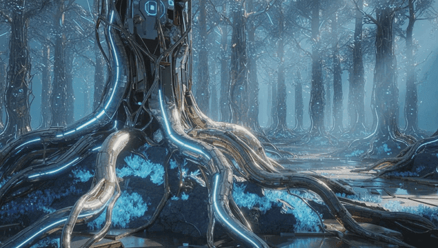 Futuristic forest with glowing trees