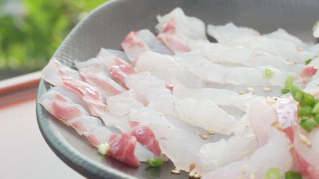 Plate of fresh raw fish topped with green onions and sesame seeds