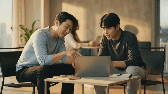 Two colleagues discussing work at a laptop