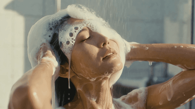 Woman enjoying shower while shampooing her hair with refreshing shampoo
