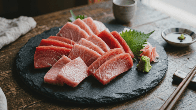 Tuna sashimi served on slate plate