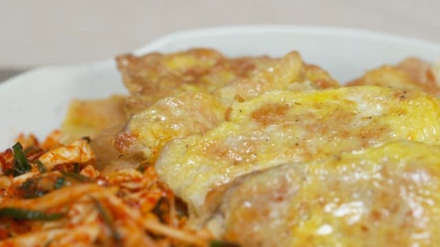 Spicy seasoned green onion and golden brown meat pancake