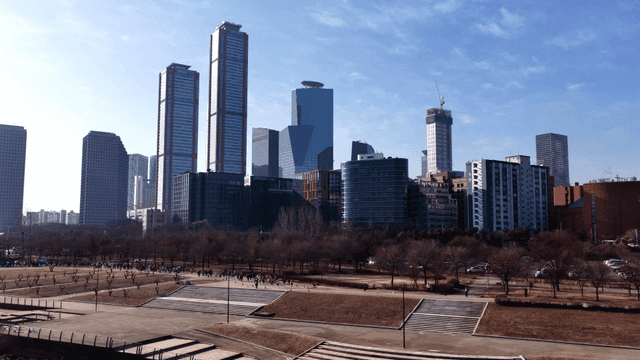 고층 빌딩 앞 강변 공원에서 달리는 사람들