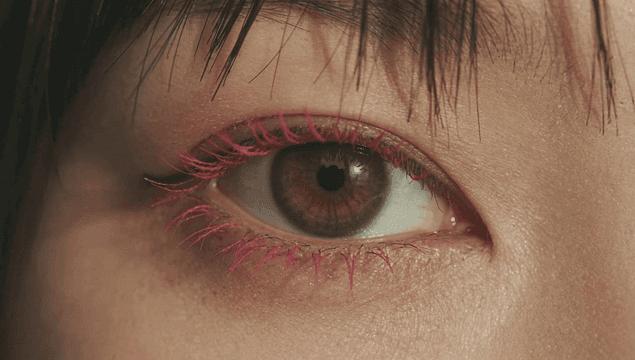 Close-up of an eye with pink mascara