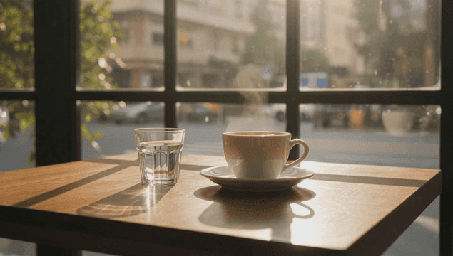 커피와 물이 있는 아늑한 카페 테이블