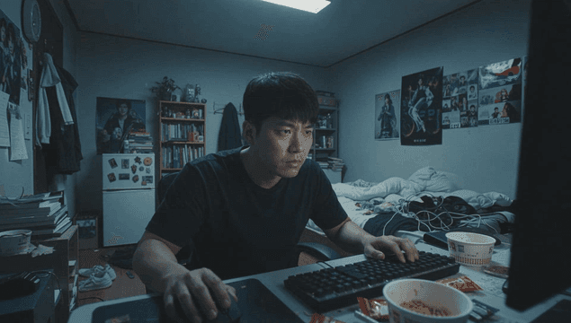 Man focused on computer in a cluttered room