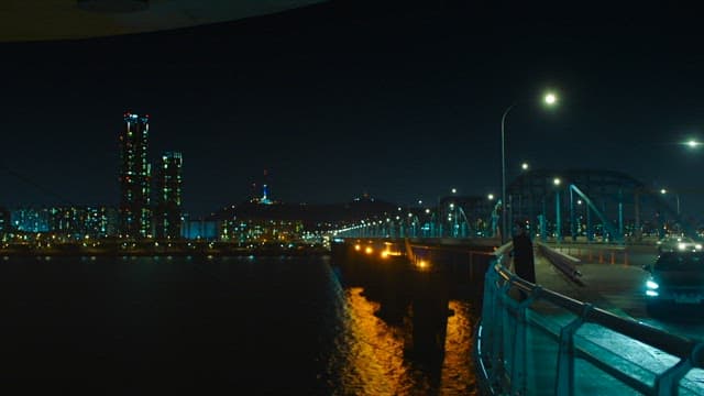 Person leaning on illuminated bridge railing at night