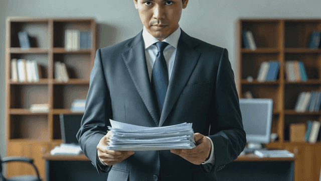 Businessman holding a stack of documents
