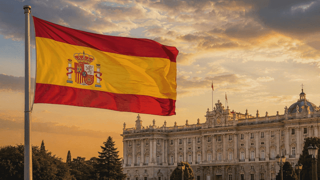Spanish flag waving near a historic building