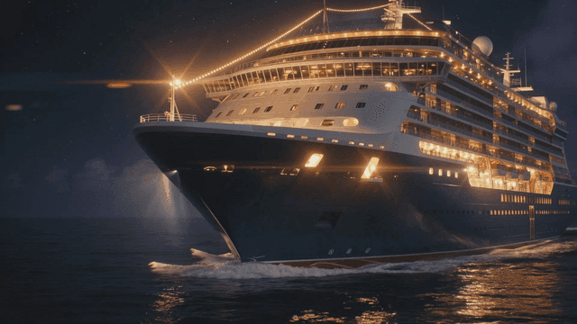 Luxury cruise ship sailing at night