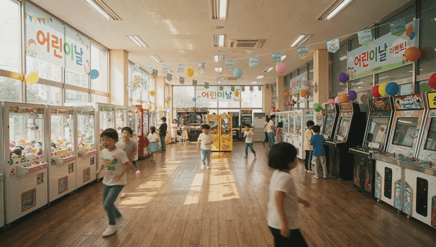 Children playing in an arcade on Children's Day
