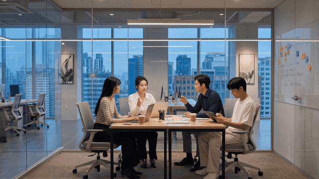 Meeting room in communication with laptop and notes