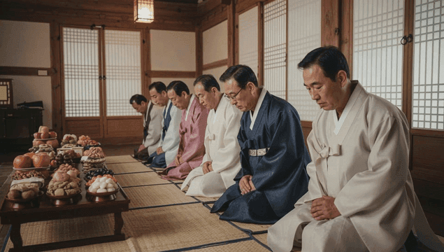 Family of men dressed in hanbok gathered in front of ancestral rite table
