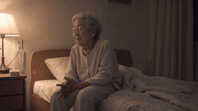 Elderly woman sitting on bed in dark room