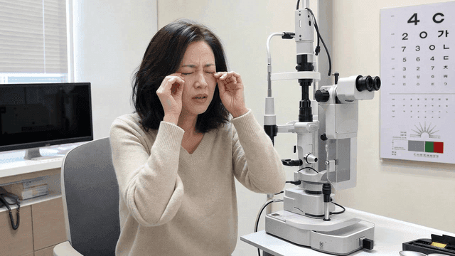Woman rubbing eyes in an eye clinic