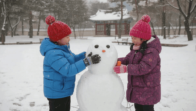 Children building a snowman in a snowy park