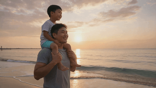 Father and son enjoying a beach sunset