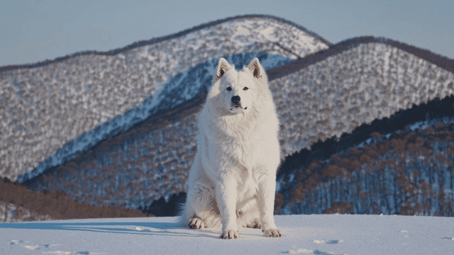 White dog sitting on snow-covered ground