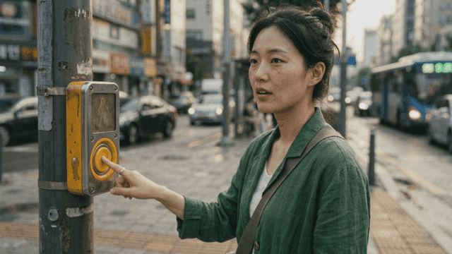 Woman pressing crosswalk button in front of road