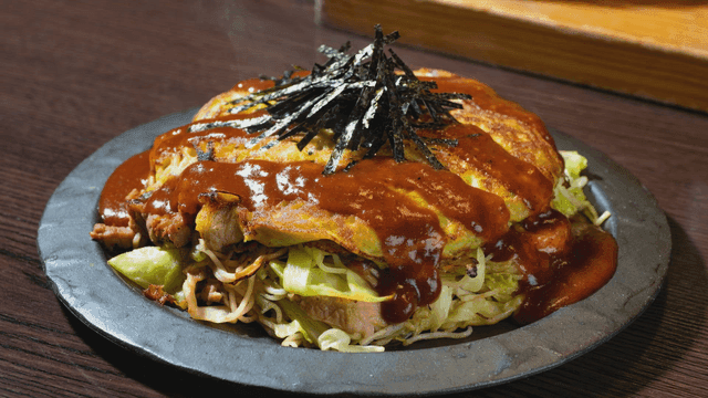 Flavorful okonomiyaki and rich teriyaki sauce